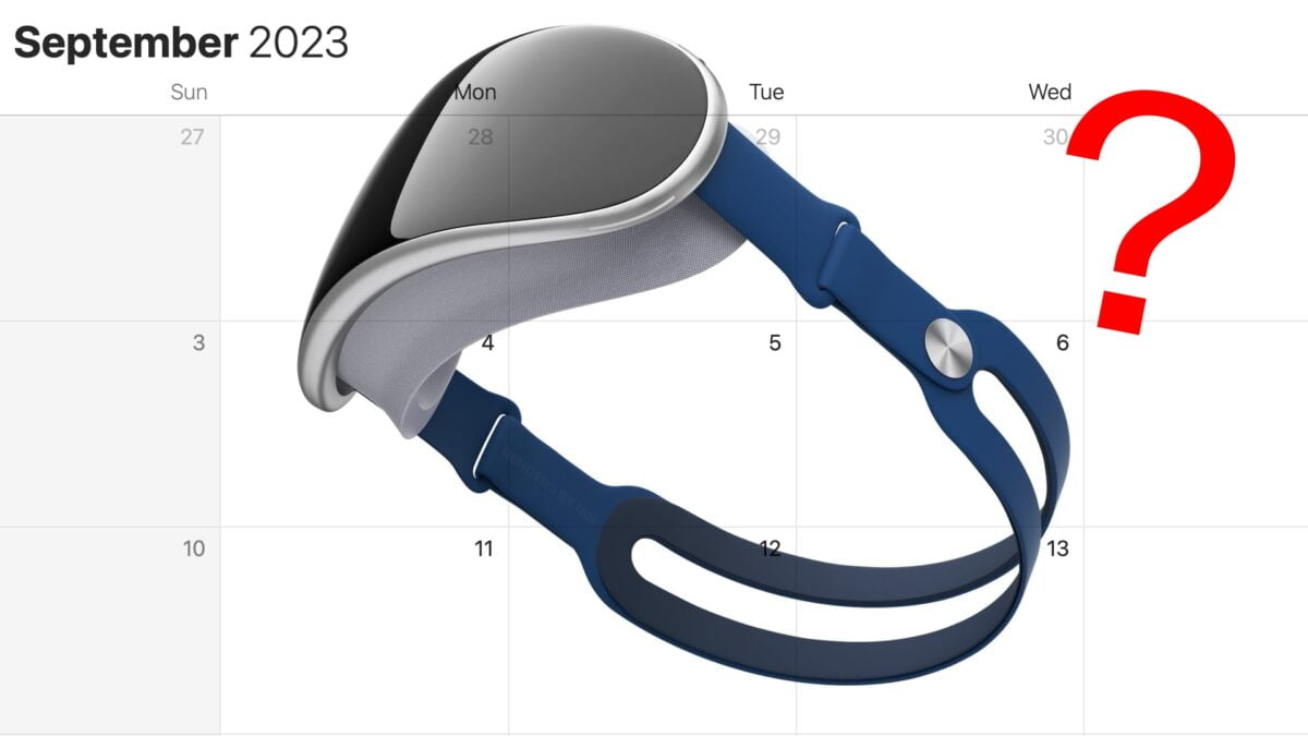 Das Rendering des Apple XR-Headsets ist auf einem Kalender für September 2023 mit einer roten Frage überlagert.