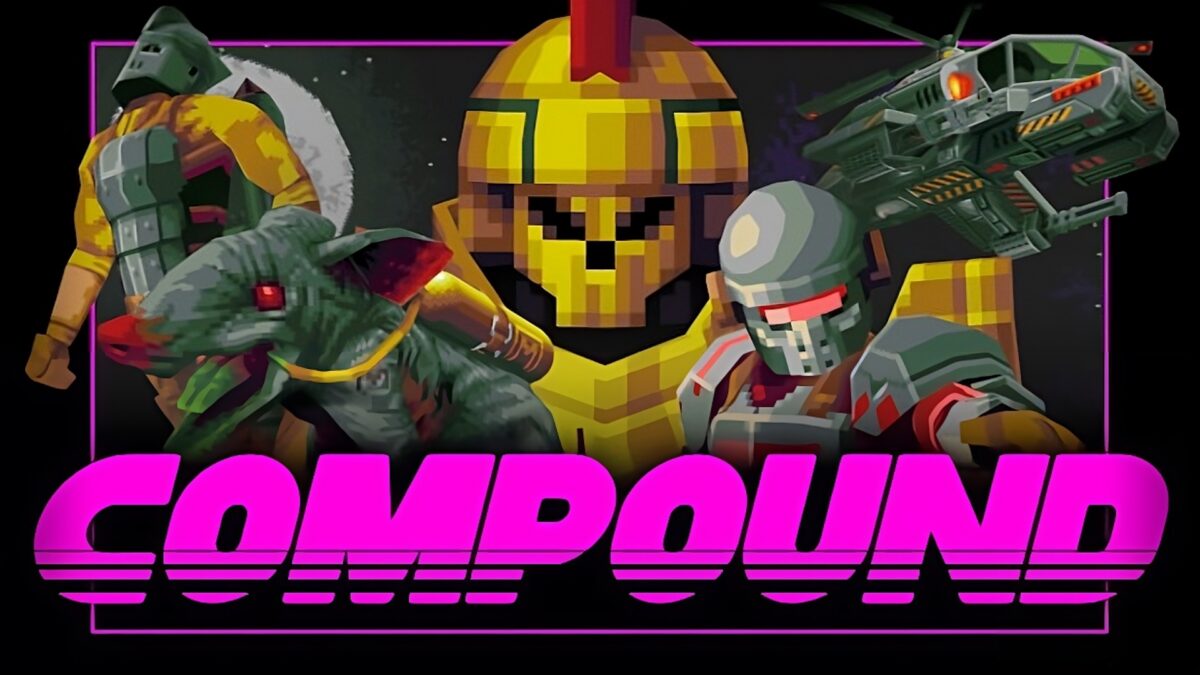 Das Artwork des VR-Spiels Compound mit neongrellem Schriftzug und Gegnern aus dem Spiel.