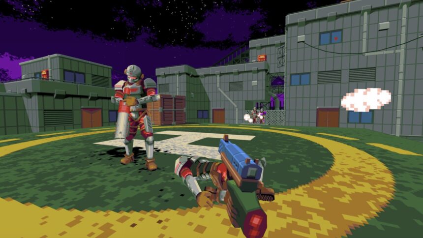 Im Retro-Pixel-Look: Der Spieler steht auf einem Helipad und kämpft gegen Söldner.
