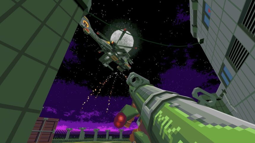 Im Retro-Pixel-Look: Der Spieler zielt mit einem Raketenwerfer auf einen Hubschrauber. Hinter ihm der Vollmond.