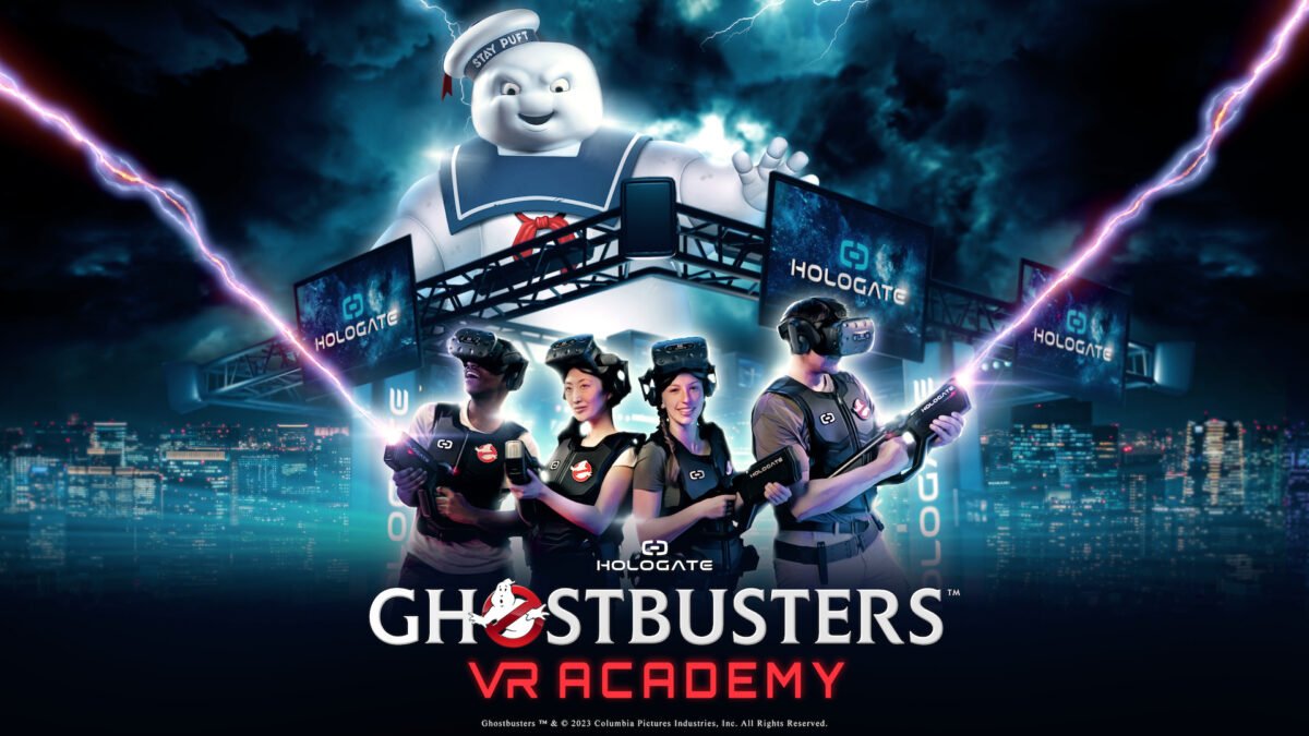 Das offizielle Poster des VR-Spiels mit vier Spieler:innen im Vordergrund und dem Marshmallow-Mann im Hintergrund.