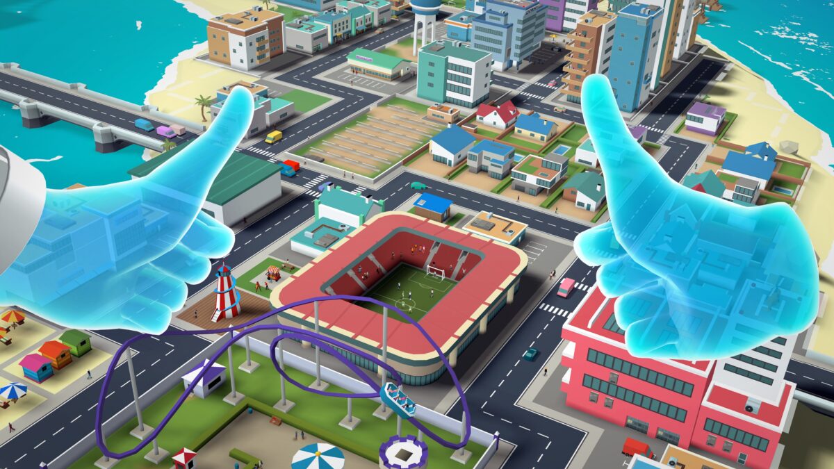 virtuelle Hände zeigen den Daumen nach oben, der Blick geht auf eine virtuelle Stadt und ein Stadion, in dem Fußball gespielt wird, im VR-Spiel Little Cities