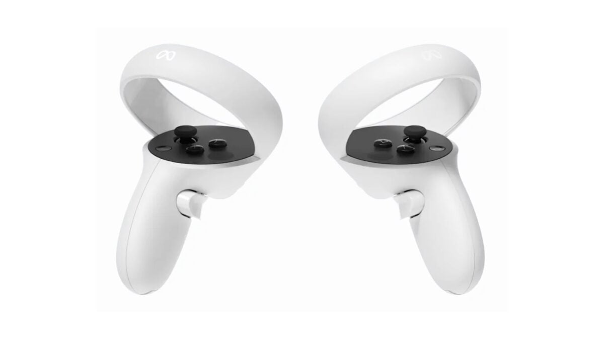 Bild eines Paars Touch Controller, schwebend vor weißem Hintergrund.