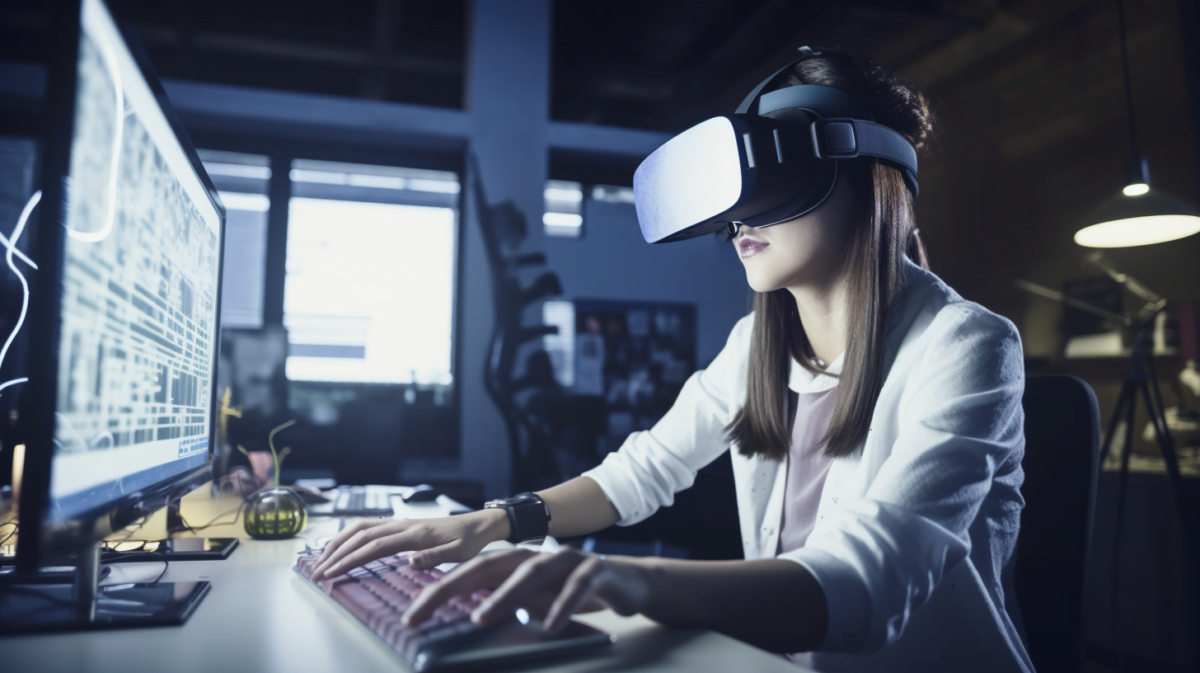 Frau mit VR-Brille auf dem Kopf sitzt am Schreibtisch und tippt auf einem Keyboard vor einem Monitor