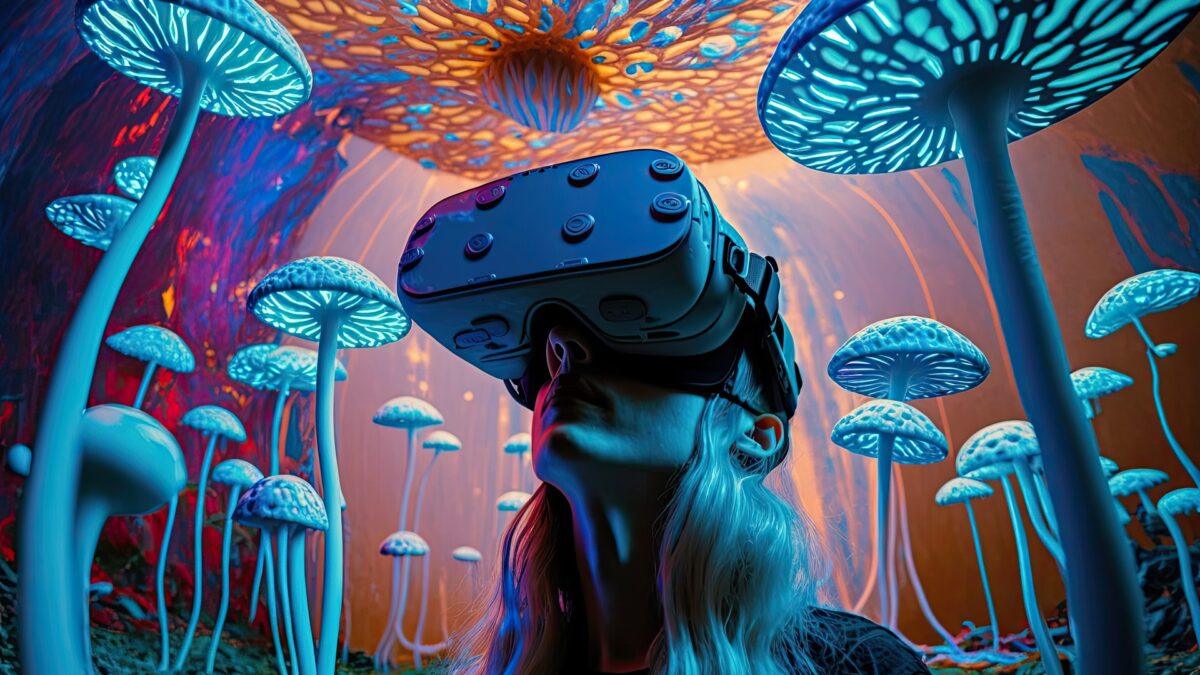 Una mujer con gafas de realidad virtual en un colorido mundo de hongos gigantes