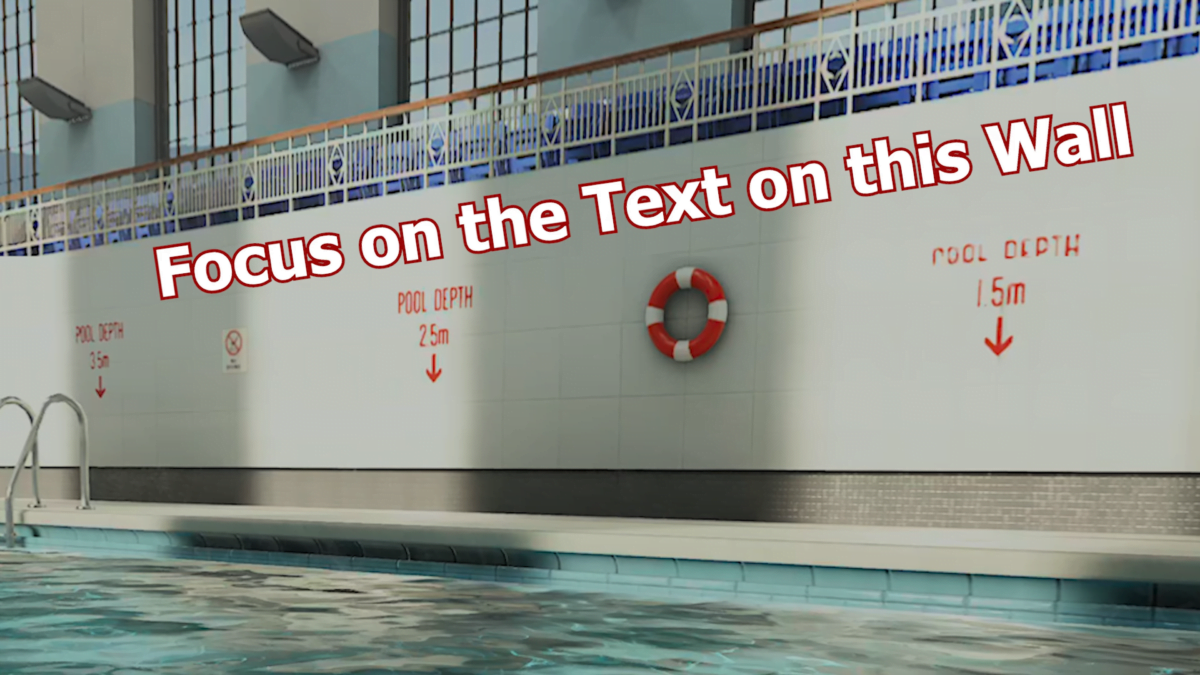 Ein Standbild aus Brad Lynchs Video, das eine Szene aus einem Videospiel zeigt. Man sieht eine Wand in einem Schwimmbad, auf der Wand stehen Schriften, die verschmieren, wenn man mit zu hoher Helligkeit zu schnell drauf schaut. Das kann Übelkeit verursachen.