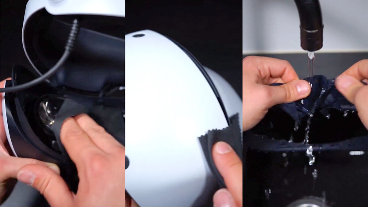 Drei Ausschnitte aus Sonys PSVR-2-Reinigungsvideo, die zeigen, wie man die Linsen, die Kameras und den Lichtschutz reinigt.