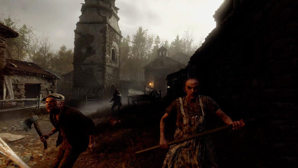 Zwei Zombies bewegen sich im Dorf auf den Spieler zu. Aus der Blickperspektive aufgenommen.