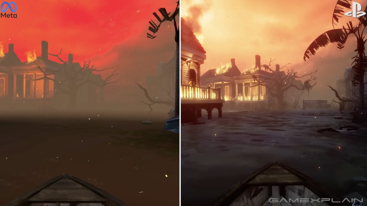 Die gleiche Spielszene (eine Bootsfahrt auf einem Fluss in New Orleans mit brennenden Gebäuden), einmal auf Meta Quest 2 (links), einmal auf PSVR 2 (rechts). Letztere hat deutlich mehr Details und bessere Lichteffekte.