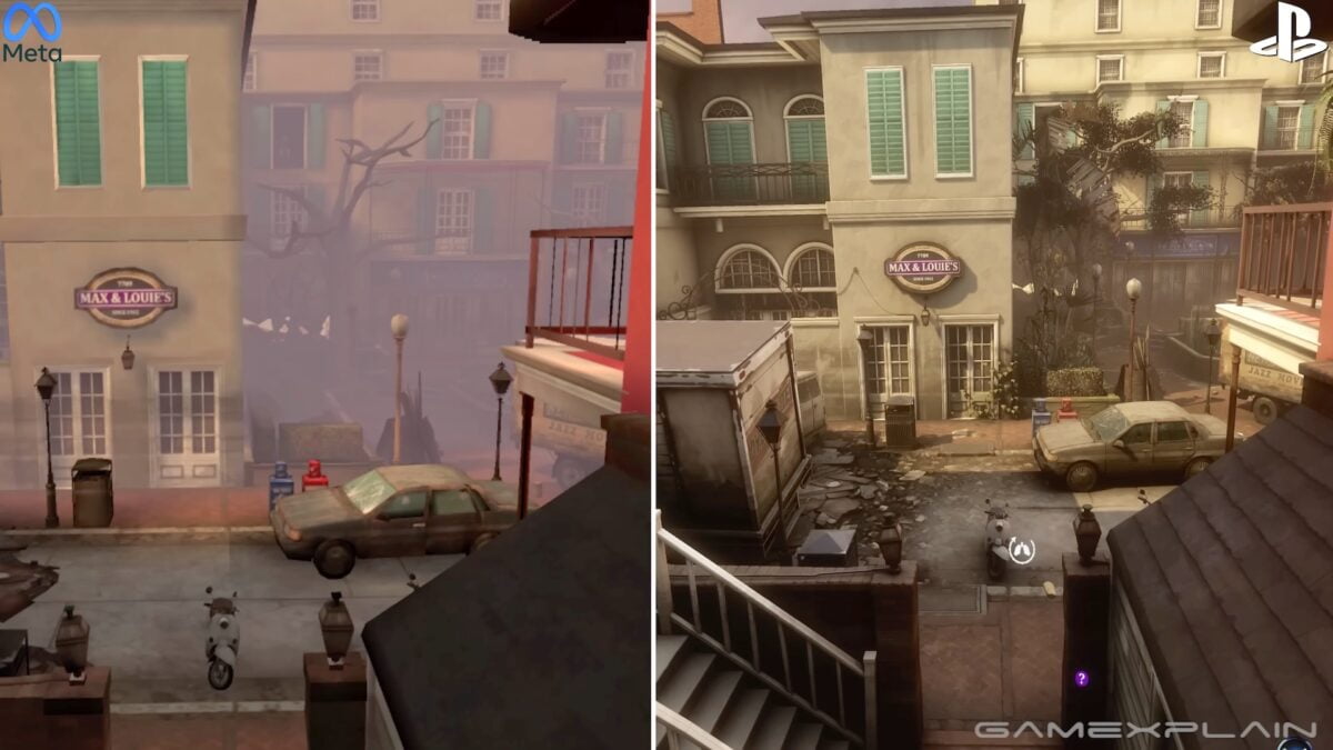 Die gleiche Spielszene (Blick vom Balkon eines Hauses auf eine Straße), einmal auf Meta Quest 2 (links), einmal auf PSVR 2 (rechts). Letztere hat deutlich mehr Details und bessere Lichteffekte.