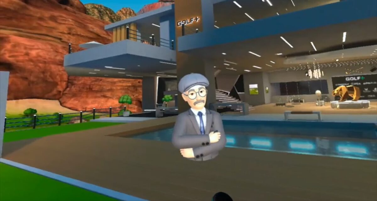 Ein virtueller Golfcaddie steht in einer virtuellen Umgebung.