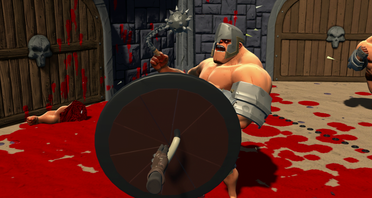 Ein Gladiator schlägt mit einem stacheligen Kettenwaffe auf den Spieler mit Schild ein.