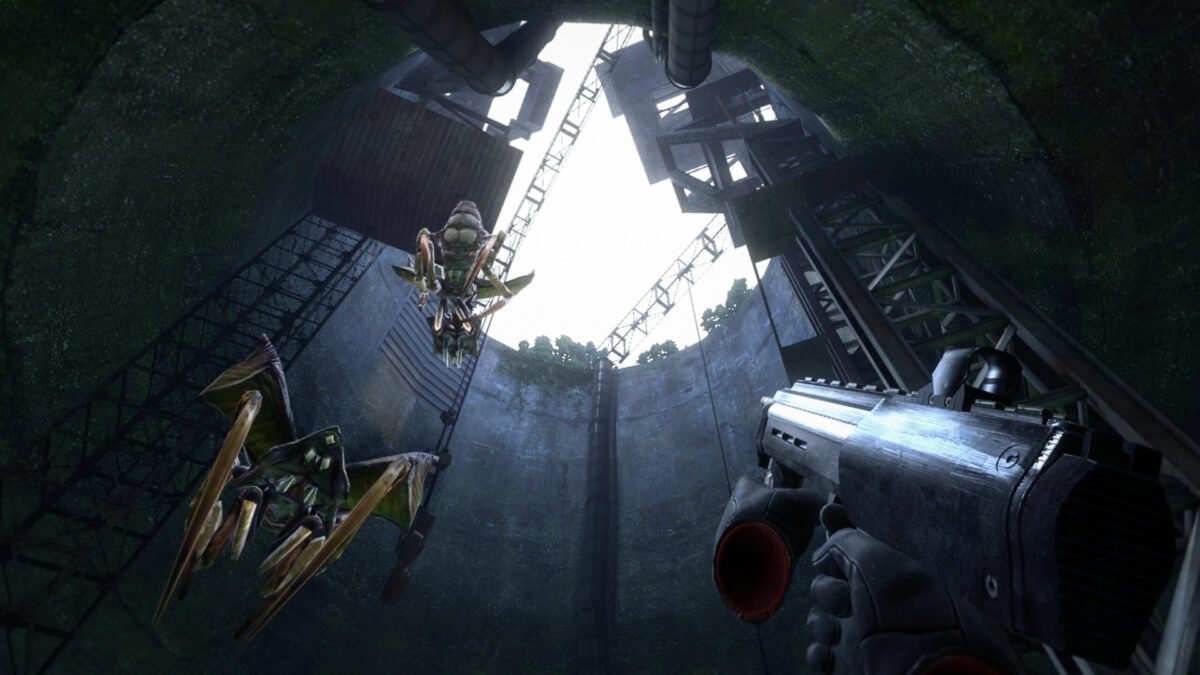 Der Spieler befindet sich in einem Silo und schaut hoch, das Licht blendet und zwei Antlions greifen aus der Luft an.