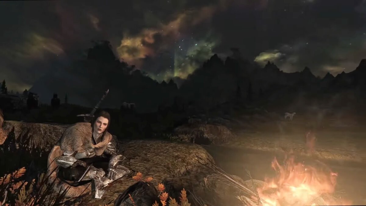 Eine Kriegerin am Lagerfeuer in Skyrim VR.