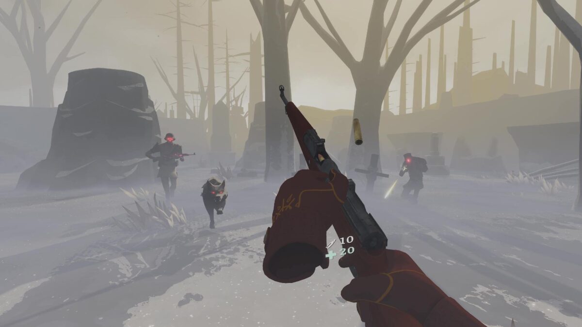 Eine Spielszene aus The Light Brigade: Der Spieler lädt nach, während sich ihm ein Hund und zwei Soldaten nähern.