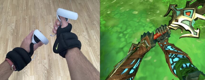 Hände mit Gewichten und das digitale Pendant im VR-Spiel Until You Fall.
