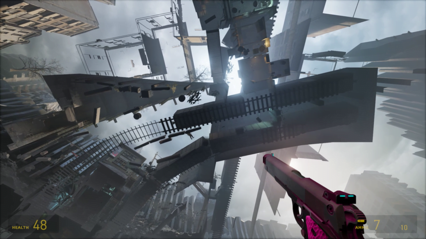 Ein Blick von unten auf den Bahnhof aus Half-Life: Alyx.