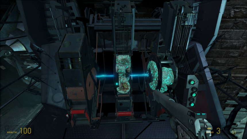 Blick auf ein Mechanik-Puzzle mit rotierenden Scheiben in der No-VR-Mod zu Half-Life: Alyx.