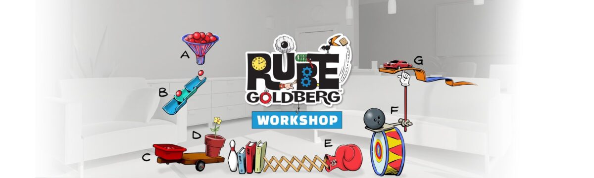 Ein Produktbild mit der Aufschrift "Rube Goldberg Workshop". Um den Schriftzug herum sind verschiedene Elemente wie ein Boxhandschuh, Bücher oder Blumentöpfe platziert.