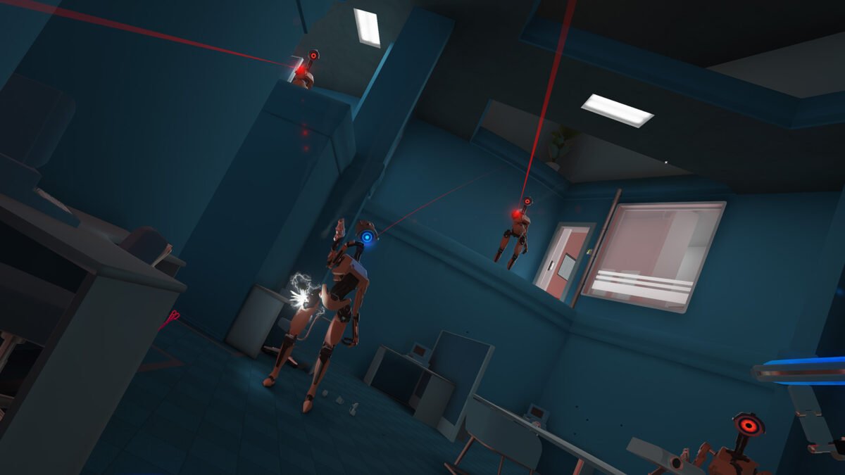 Eine Überzahl an Robotern steht im Dunkeln und visiert den Spieler mit einem Laserpointer an.