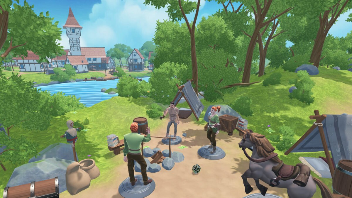 Verschiedene Spielfiguren stehen im VR-Spiel Dungeon Full Dive um ein Lagerfeuer im Wald.