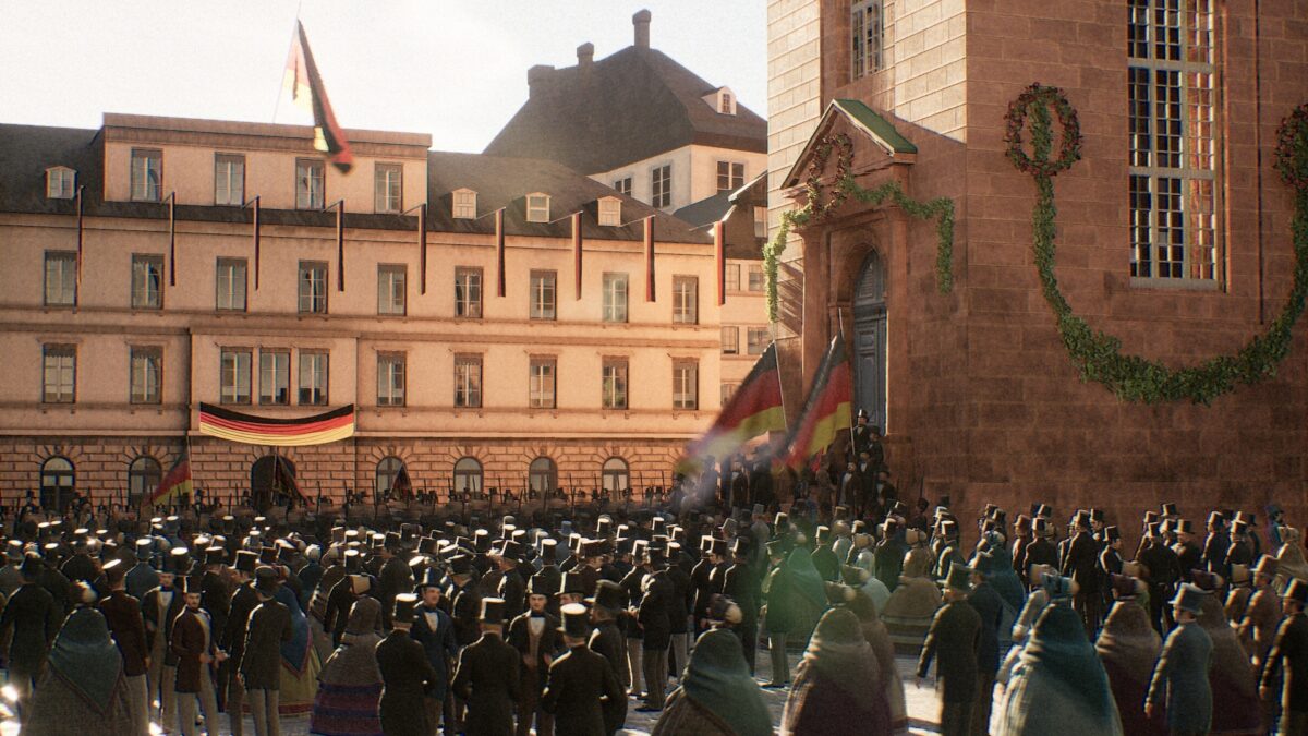 Der Frankfurter Paulsplatz mit der Paulskirche rechts in einer VR-Erfahrung, die uns in das Jahr 1848 versetzt. Menschen mit Deutschlandfahnen und traditioneller Tracht warten auf die Abgeordneten der ersten Nationalversammlung.