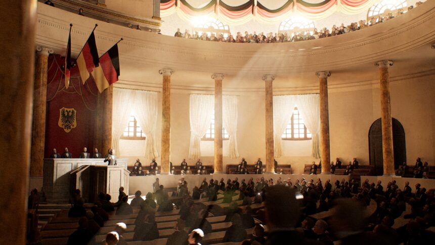 Die Paulskirche 1848 von innen, mit den Abgeordneten der ersten deutschen Nationalversammlung in der VR-Erfahrung 