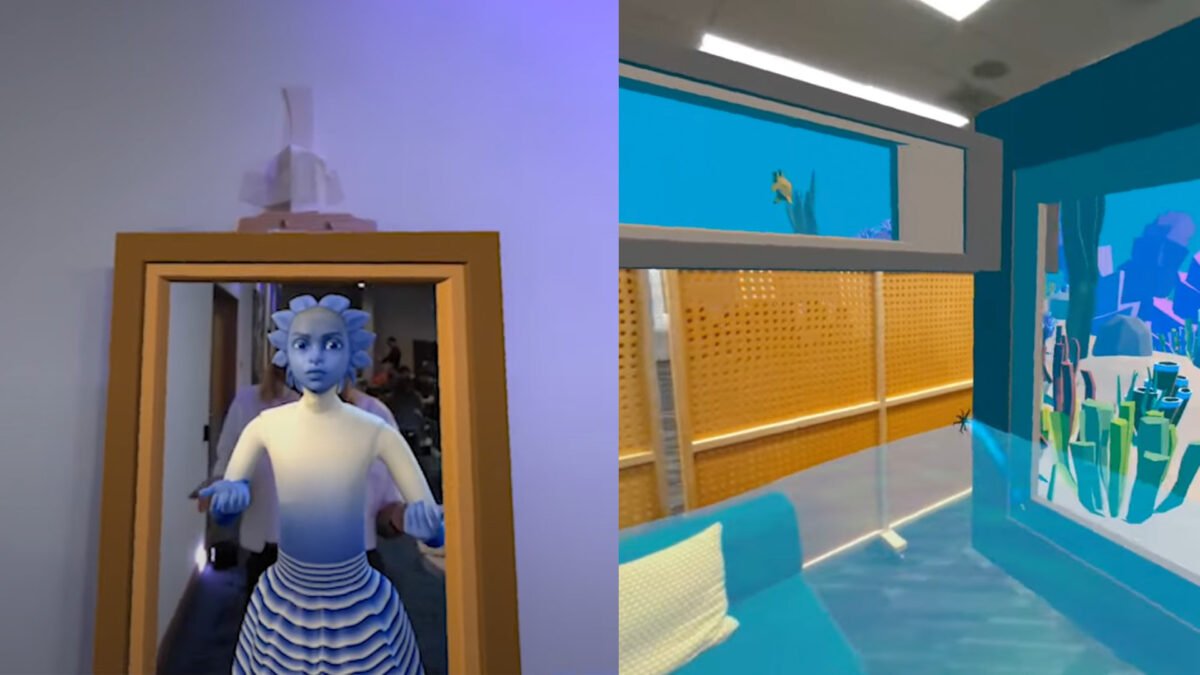 Zwei Screenshots der Mixed-Reality-Apps, die beim Meta-Hackathon gewannen: Ein Spiegel mit einem Avatar (links), ein überflutetes Wohnzimmer (rechts).