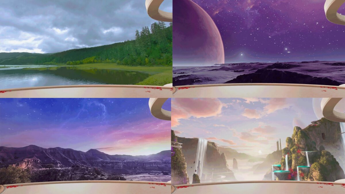 Verschiedene Skyboxen (grüne Natur, Alienplanet, etc.) für Meta Quest 2.
