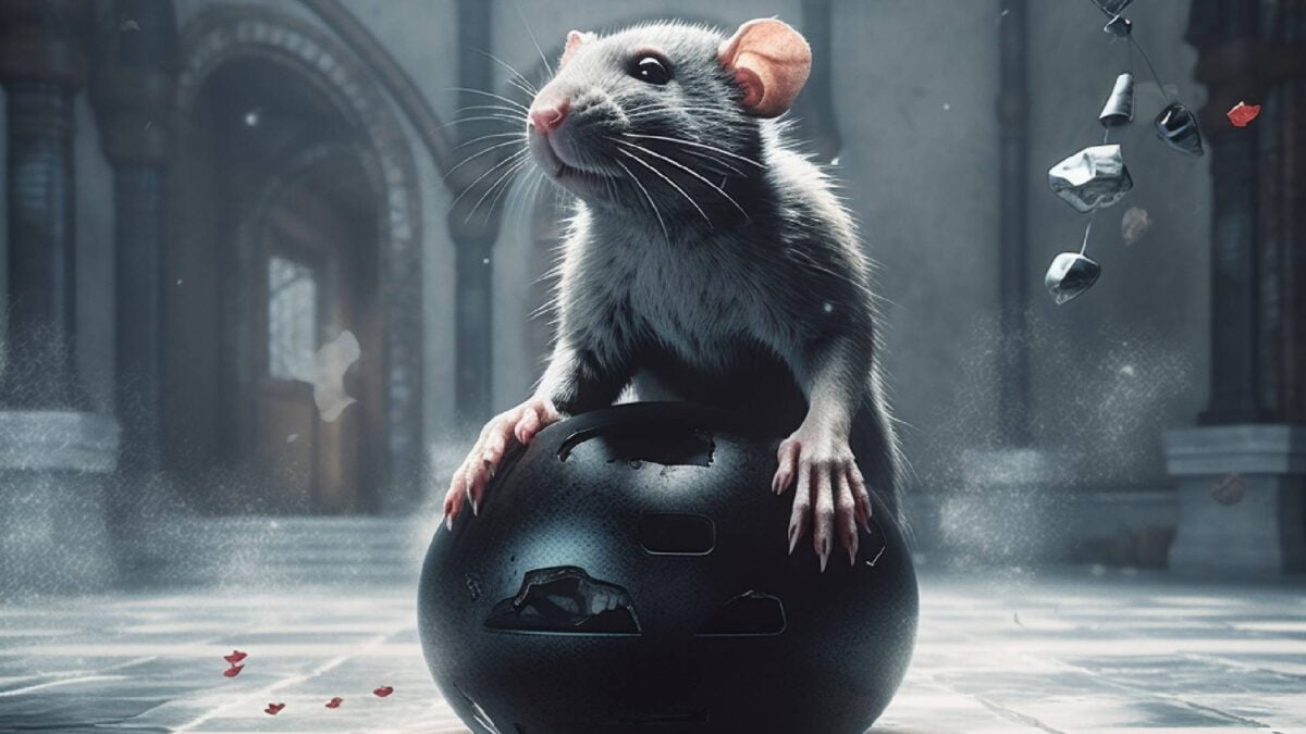 Eine Ratte steht auf einer schwebenden Kugel und hält sich an ihr fest.