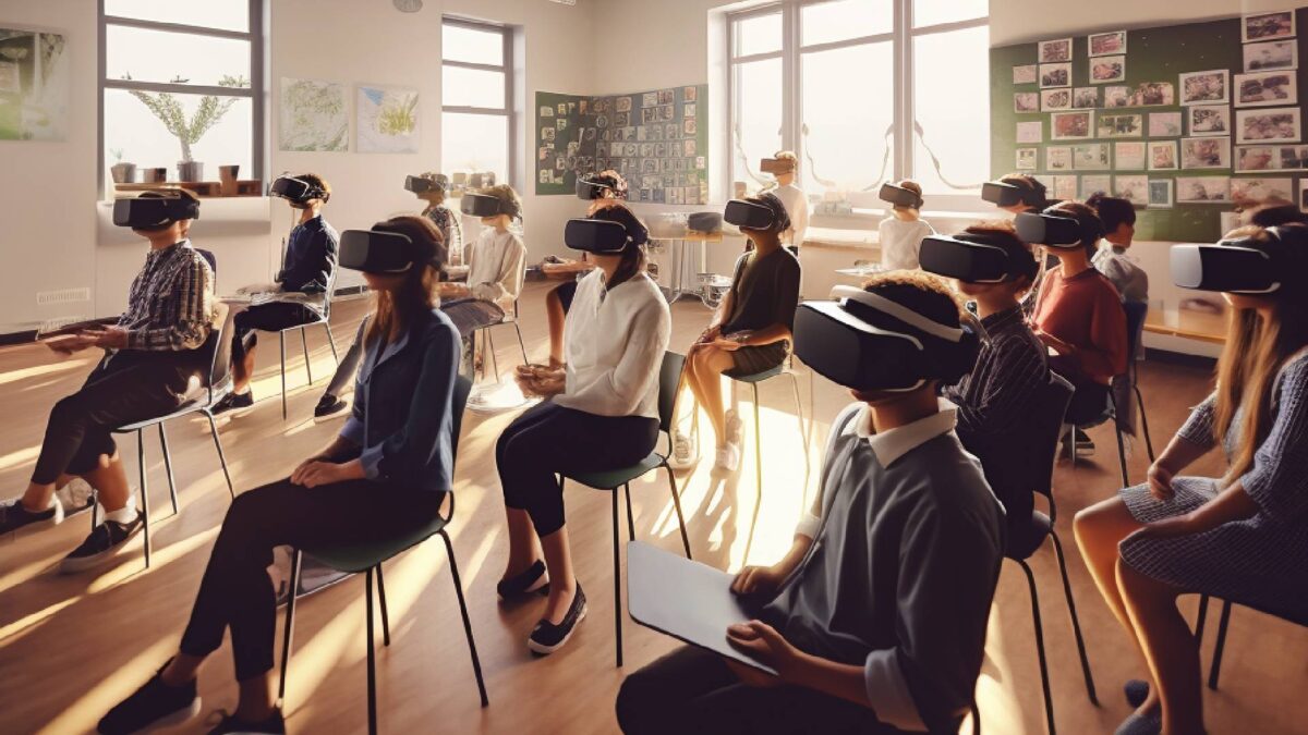 Schüler:innen in einem Klassenzimmer. Sie alle tragen VR-Brillen.