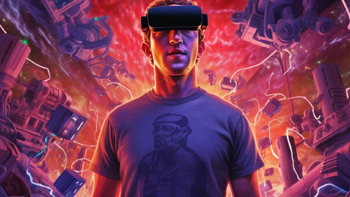 Mark Zuckerberg mit einer VR-Brille. Im Hintergrund ist eine Explosion zu sehen.