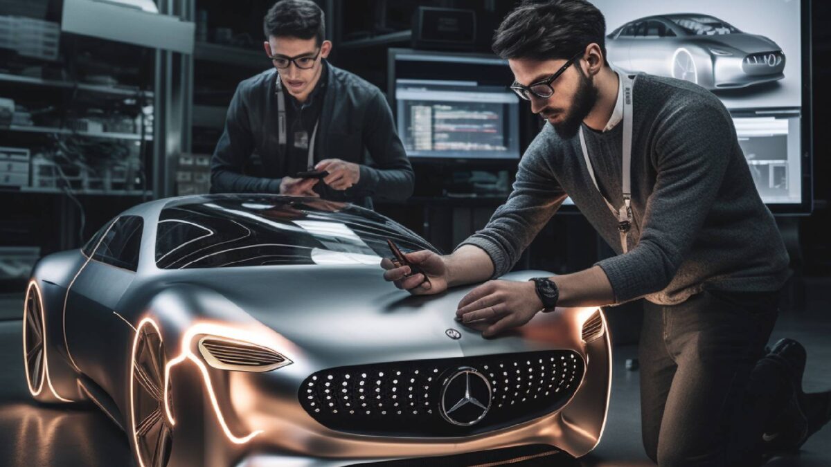 Zwei Ingenieure beim Designen eines Mercedes-Benz-Autos.