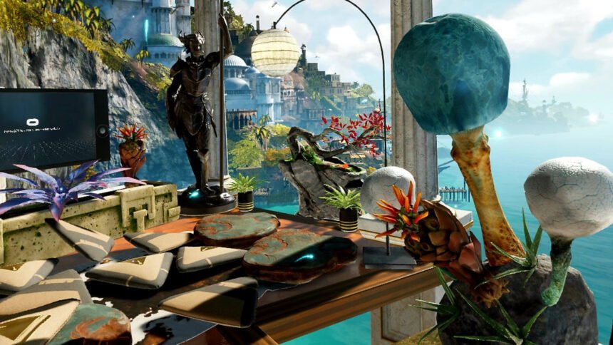 Oculus Home mit zahlreichen Objekten und einer antik anmutenden Stadt im Hintergrund.