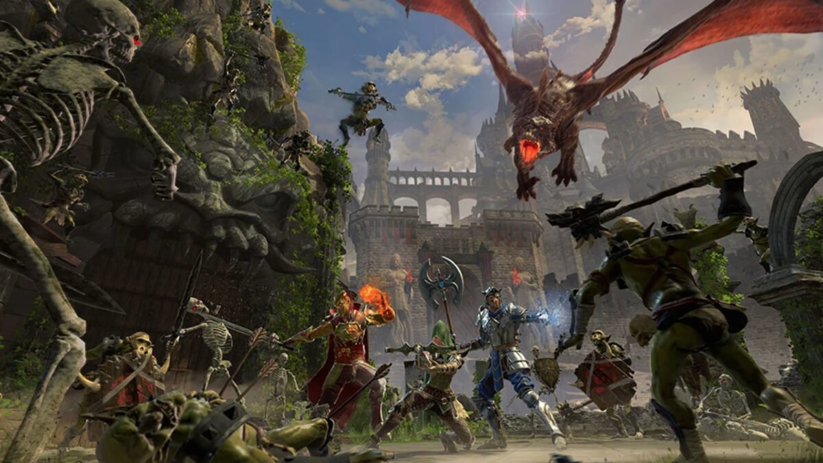 Das Titelbild der neuen Sandbox-VR-Erfahrung zeigt ein Fantasy-Setting mit Drachen, Kriegern, Magiern und einer Burg im Hintergrund.