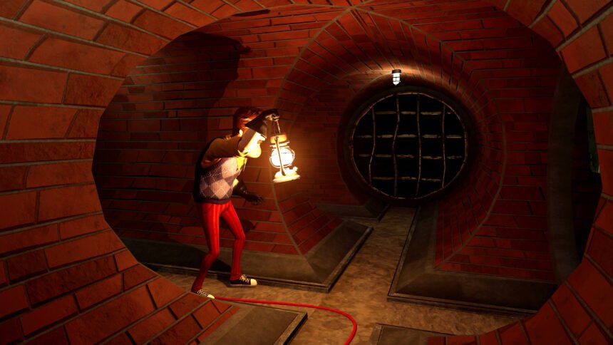 Ein Mann mit einer Lampe in einem unterirdischen Tunnel.