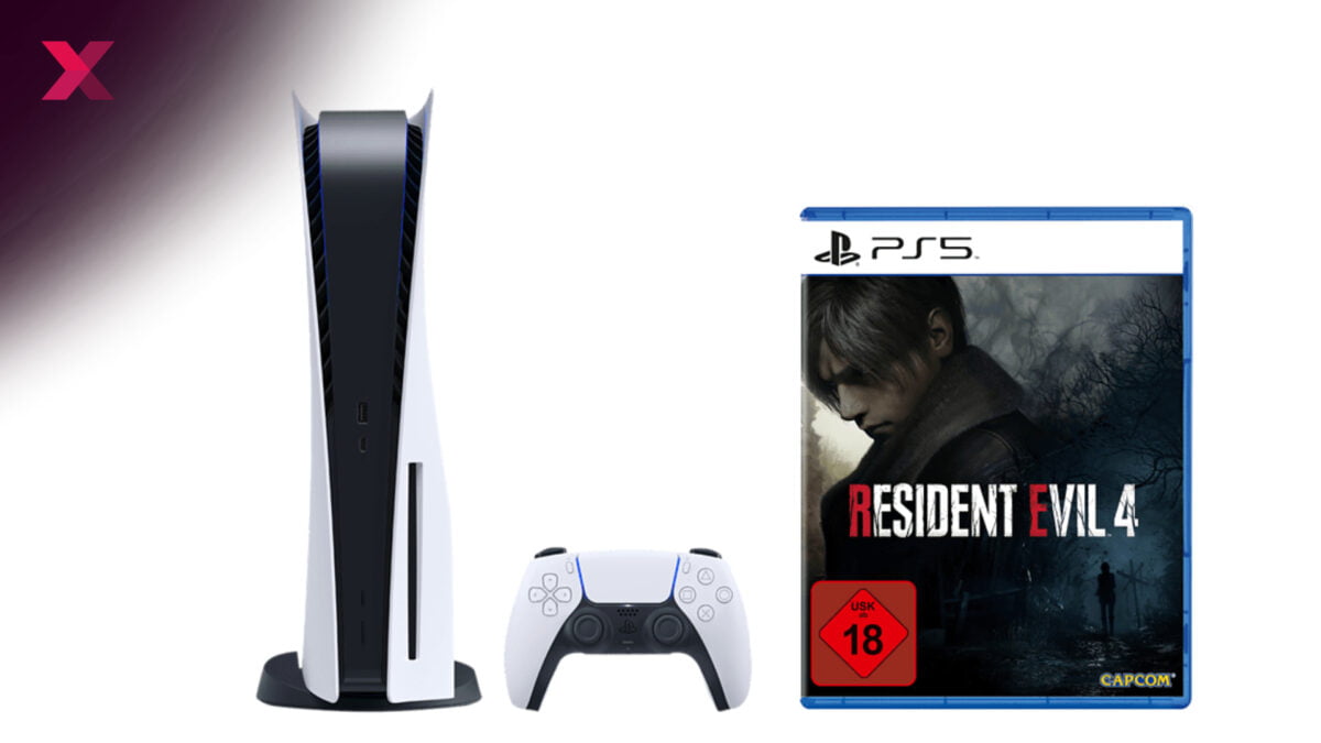 Eine Playstation 5 mit Controller und dem Spiel Resident Evil 4 Remake.