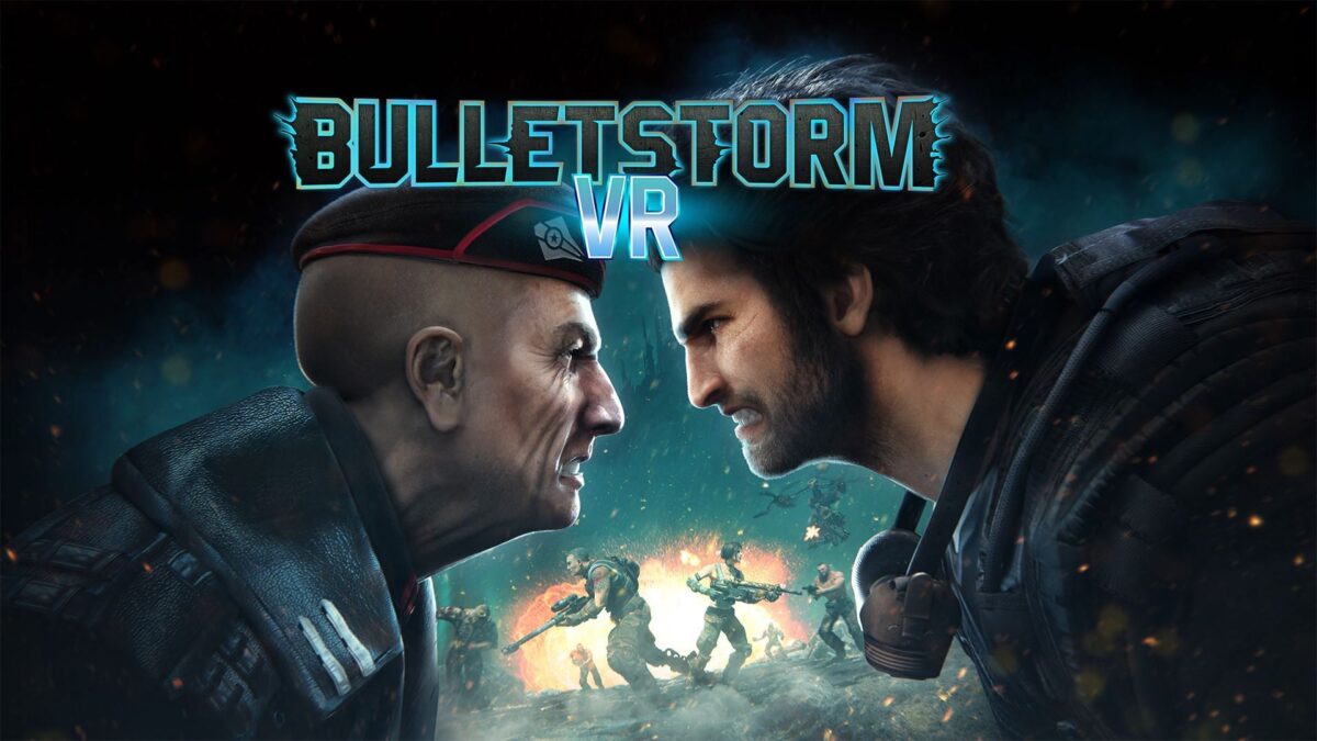 Key Art des kommenden Bullet Storm VR mit zwei Hauptcharakteren, die sich von Angesicht zu Angesicht stehen, mit einer tobenden Schlacht im Hintergrund.
