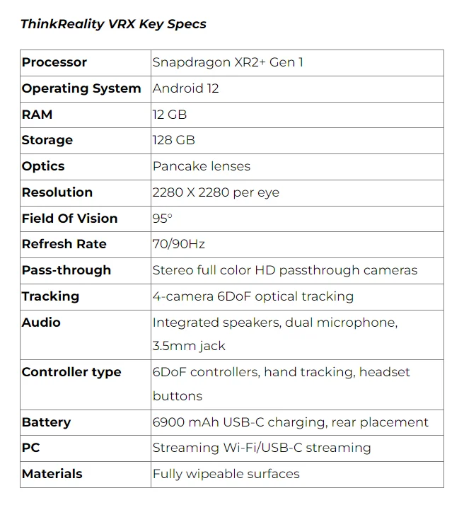 Eine Tabelle mit Spezifikationen der Lenovo ThinkReality VRX.