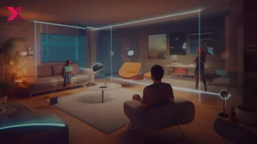 Personen in einem Wohnraum, verbunden durch virtuelle Portale