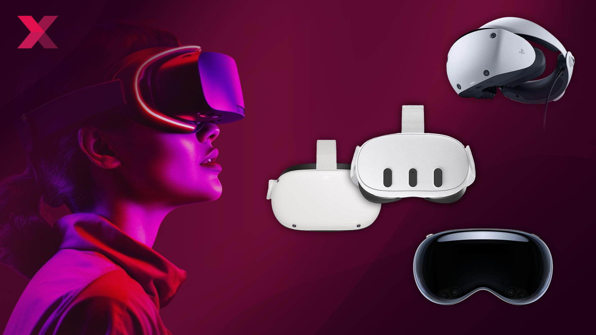 Frau im Profil mit futuristischer VR-Brille auf der linken Seite, rechts einige aktuelle VR/AR-Brillen