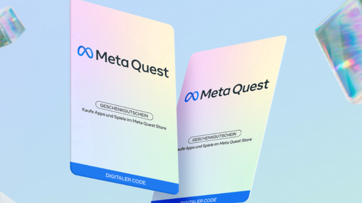 Zwei Meta Quest Gift Cards auf blauem Hintergrund.