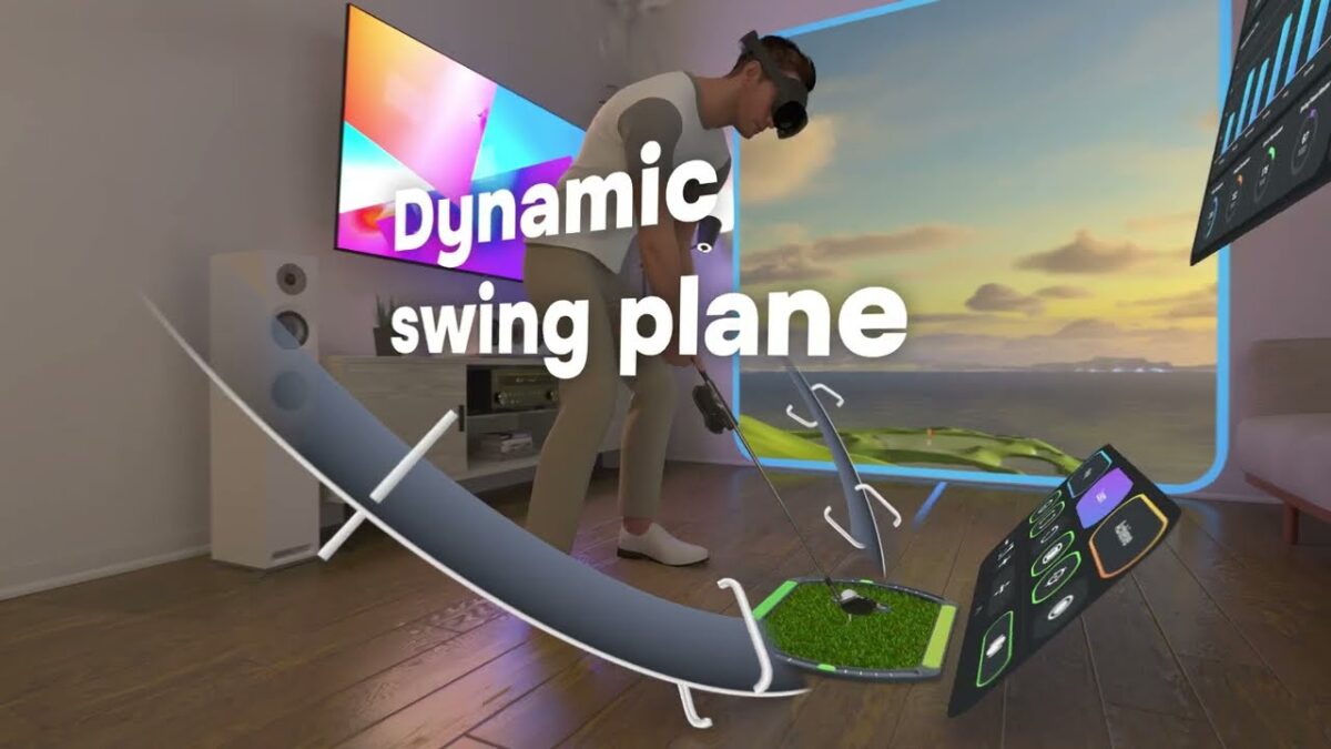 Ein Golfspieler trainiert mit Swing Genius und einer Quest Pro im Wohnzimmer.