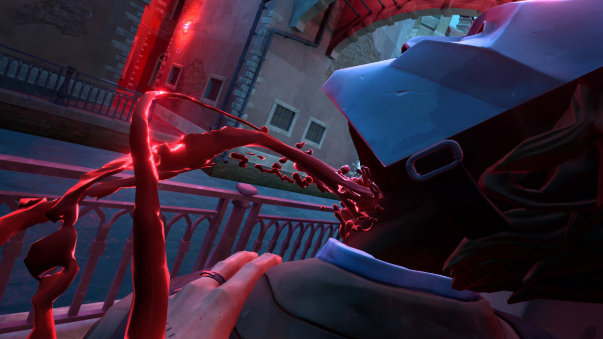 Ein Vampir beißt sein Opfer im VR-Spiel Vampire: The Masquerade Justice in den Hals.