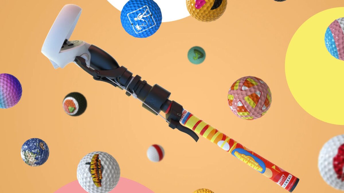 Ein VR-Golf-Putter im Walkabout Mini Golf-Design, umgeben von bunten Golfbällen.