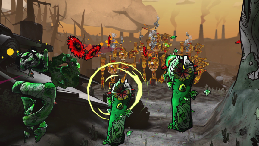 Die grünen Baumsprössling-Klone im VR-Spiel We Are One verteidigen sich gegen die Angriffe der Säge-Roboter
