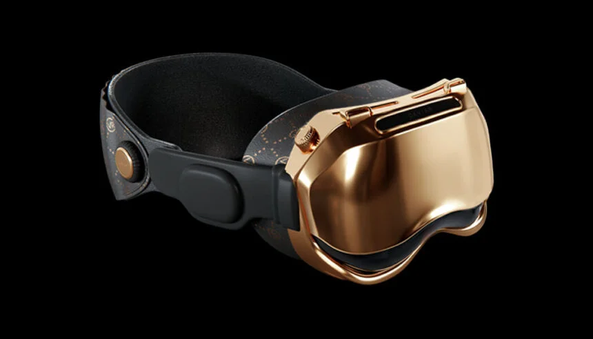 Позолоченные очки VR/AR Apple Vision Pro сбоку на черном фоне, с кожаным ремешком