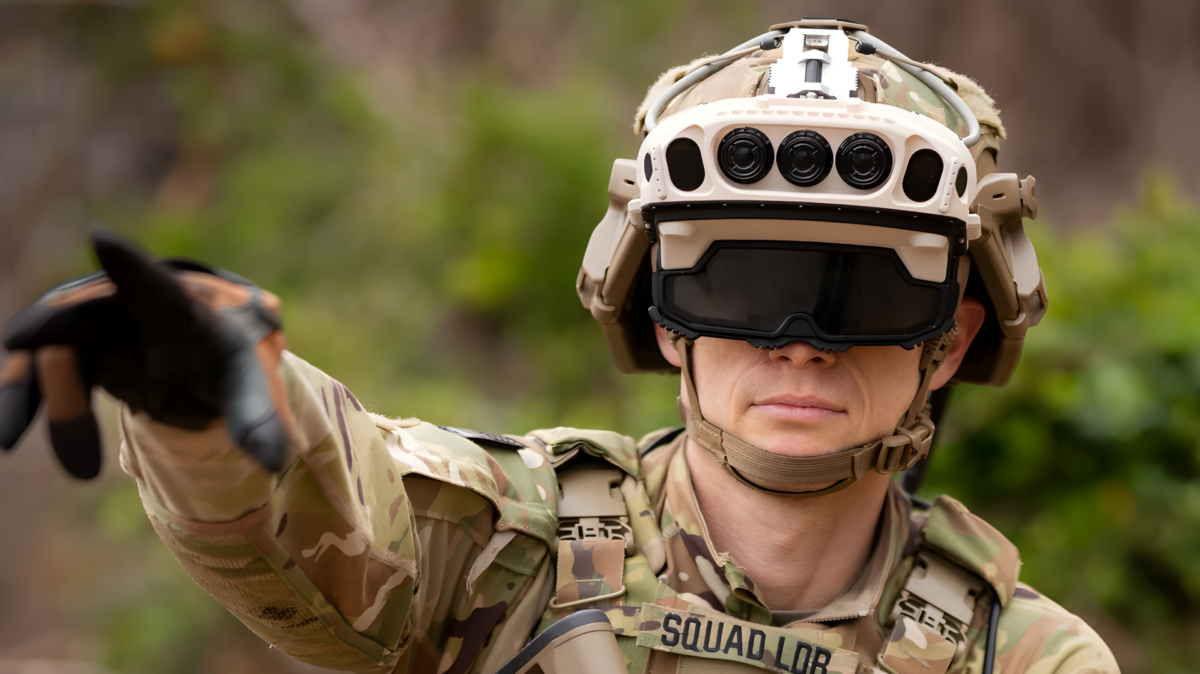 Ein Soldat der U.S. Army mit der Militär-Hololens IVAS 1.2 zeigt in die Ferne.