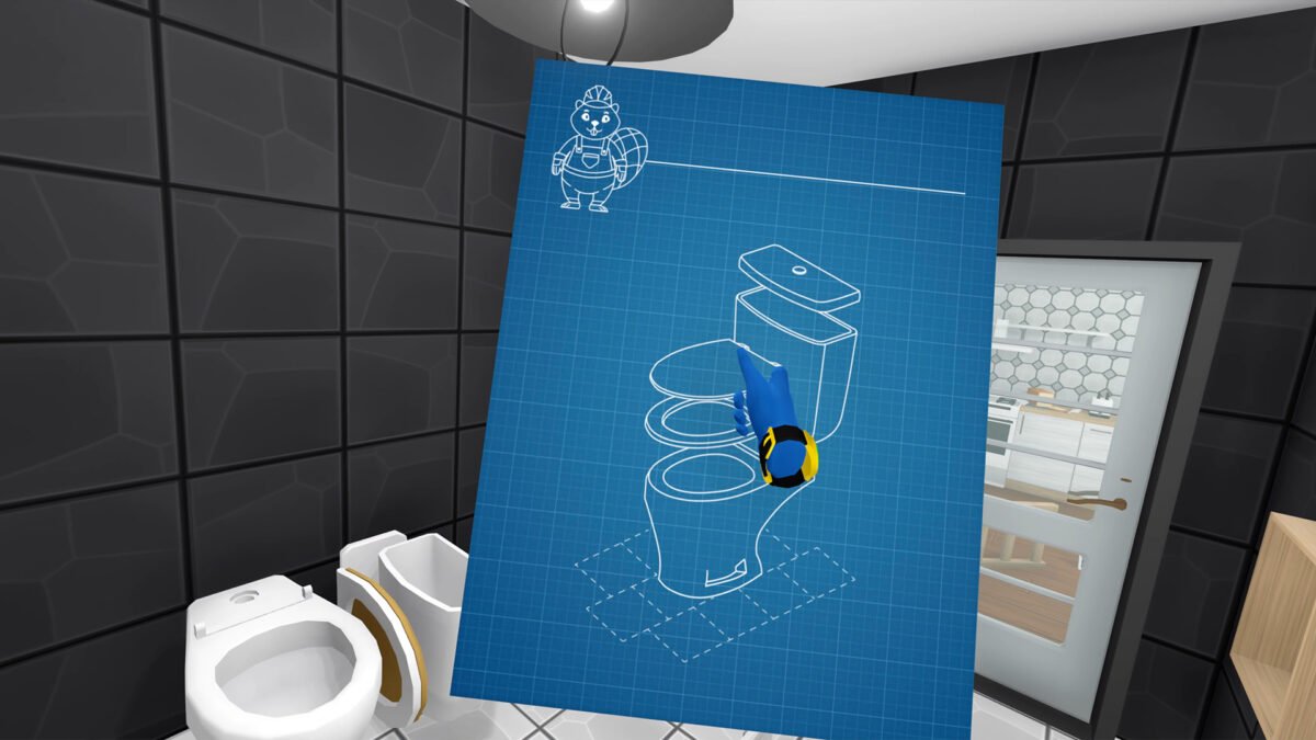 In House Flipper VR renoviert eine Person das Klo mit Hilfe einer Blaupause.