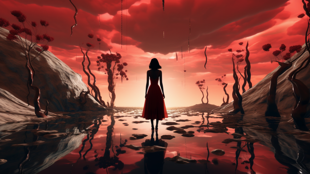 Frau in einer trostlosen, rot beleuchteten Szenerie, den toten Metaverse